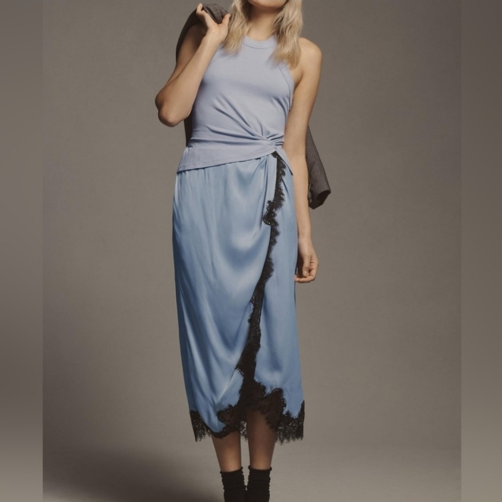 By Anthropolgie Blue Dress Satin Skirt Black Lace Trim
